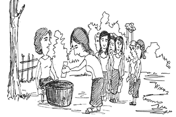 line drawing illustration of women electing a self-help group committee