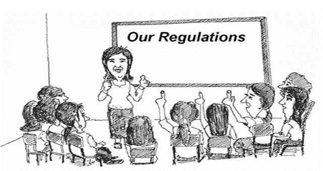 line drawing illustration of a female educator standing in front of class of other women. Our Regulations is written across a  chalkboard in the background.